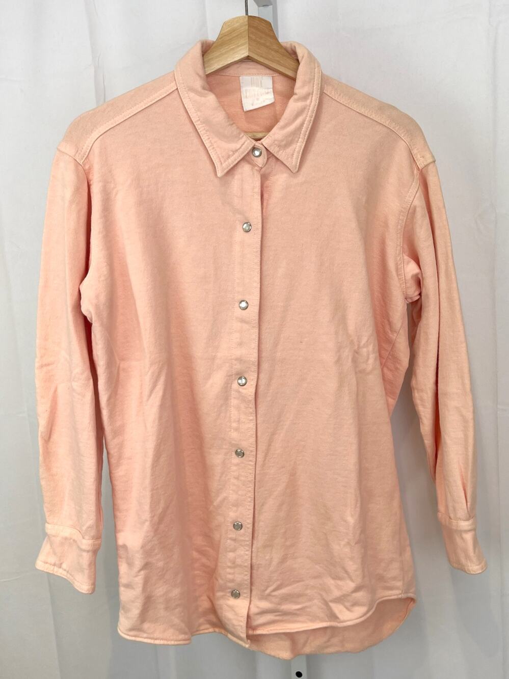 HOT COTTON Size S Snap Front Collared Shirt Long Sleeve Cotton Terry Pink Peach
